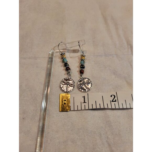New Vintage Boho Beaded Dragonfly Pendant Earrings With Natural Stones, 1pr - Picture 5 of 7